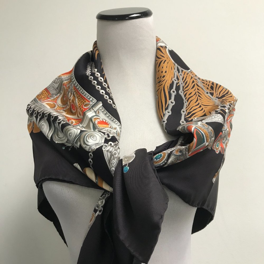 Hermes black red gold jewel graphic silk scarf made in France Terres Precieuses